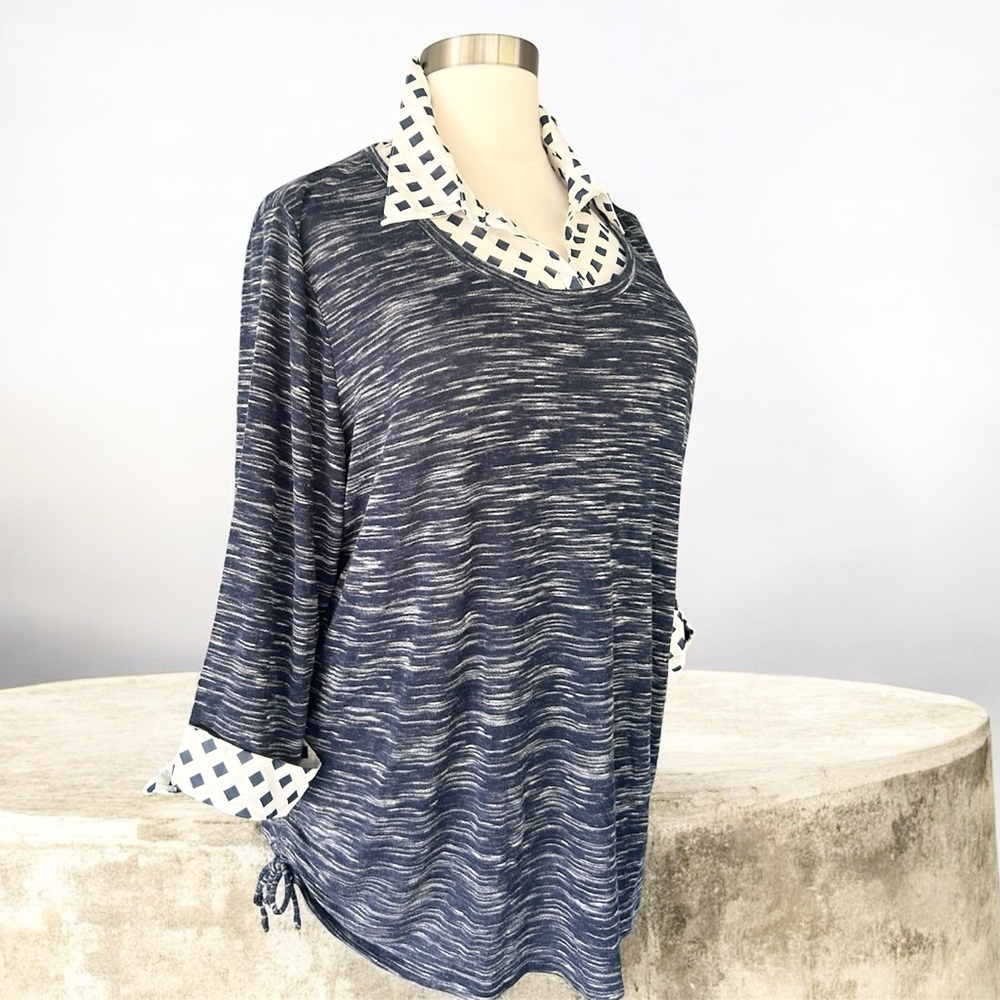 NWT!Avenue Navy & White Preppy Shirt collar, side ties Blouse Size 3X - Picture 5 of 9